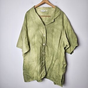 Liz & Jane Green Linen Button Down‎ Tee Tie Dye Lagenlook Granola Outdoorsy 2XL